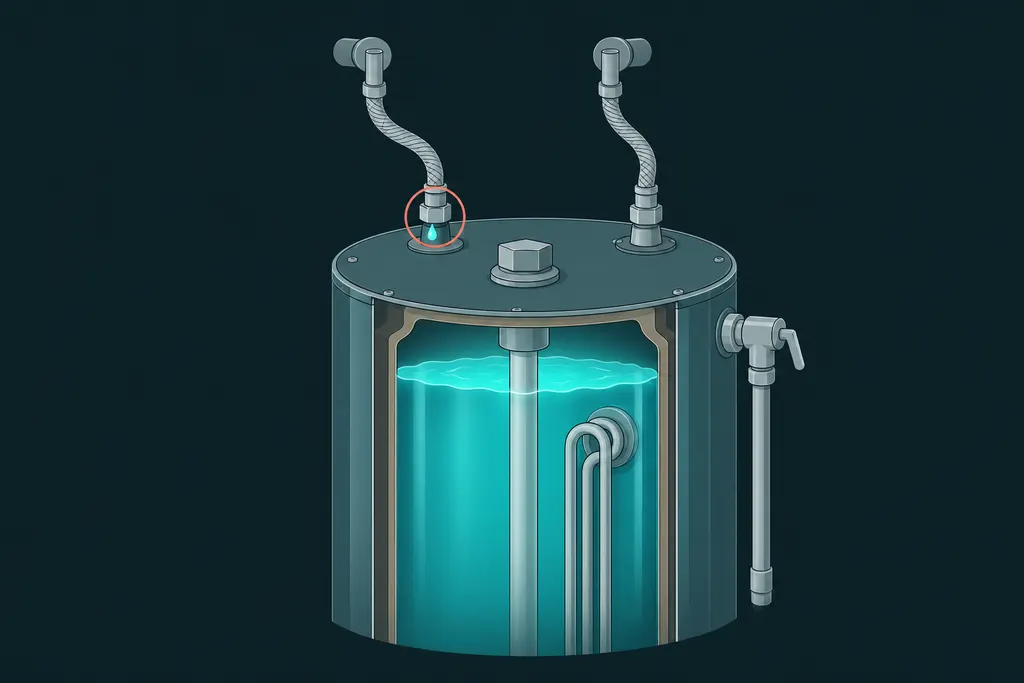 Top of a water heater with two supply connectors, one dripping at the fitting, and the relief valve on the side