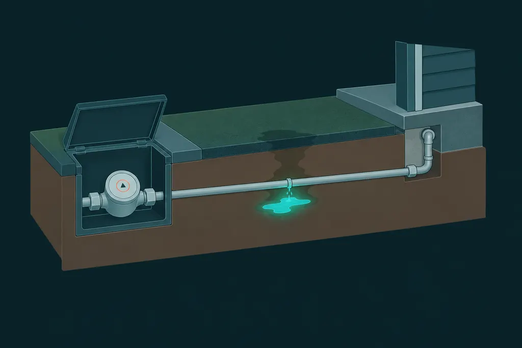 Yard cutaway with an open meter box showing a leak indicator, and a service pipe leaking into the soil under a damp patch