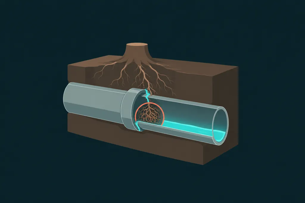 Sewer pipe joint under a yard with fine tree roots grown inside it, and a tree trunk above