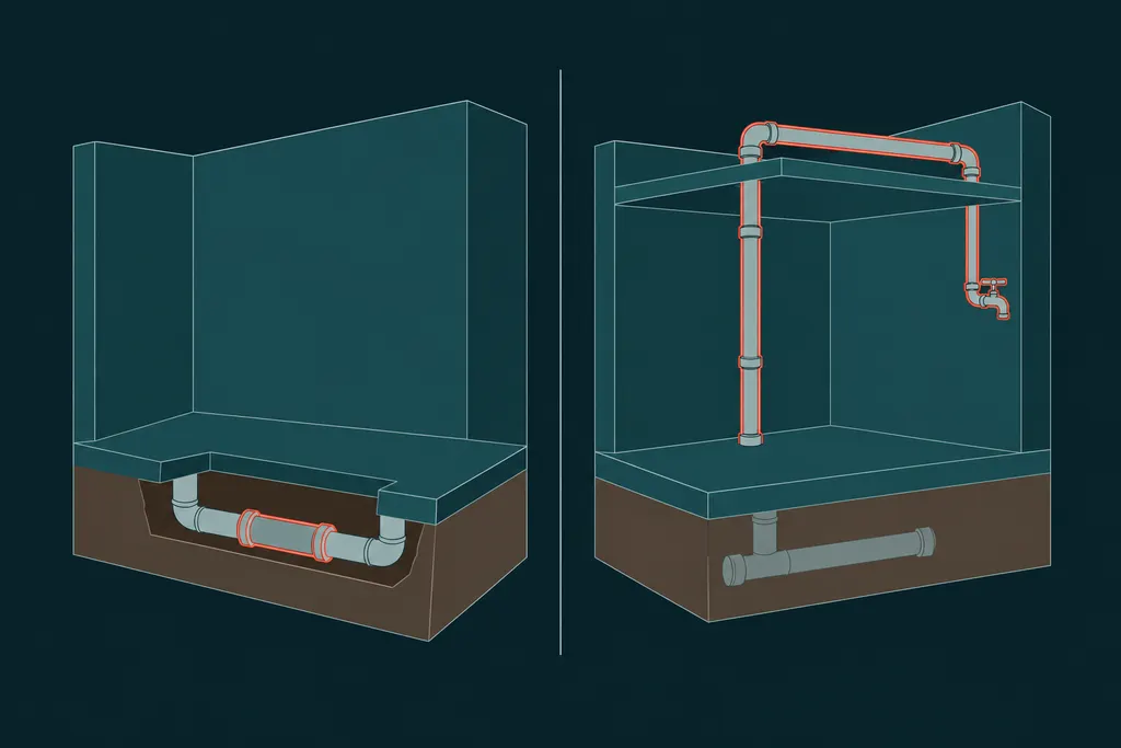 Two slab leak repairs side by side: a pipe fixed through an opening in the slab, and a new pipe rerouted through the wall and ceiling