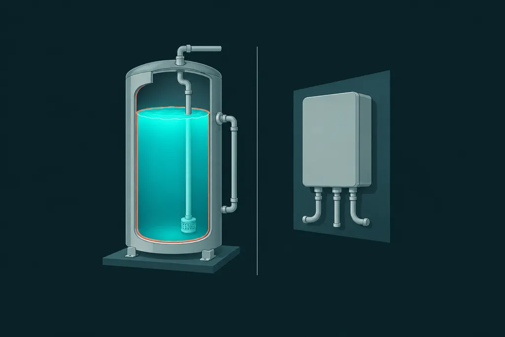 Tank water heater with stored water shown inside, next to a compact wall-mounted tankless heater